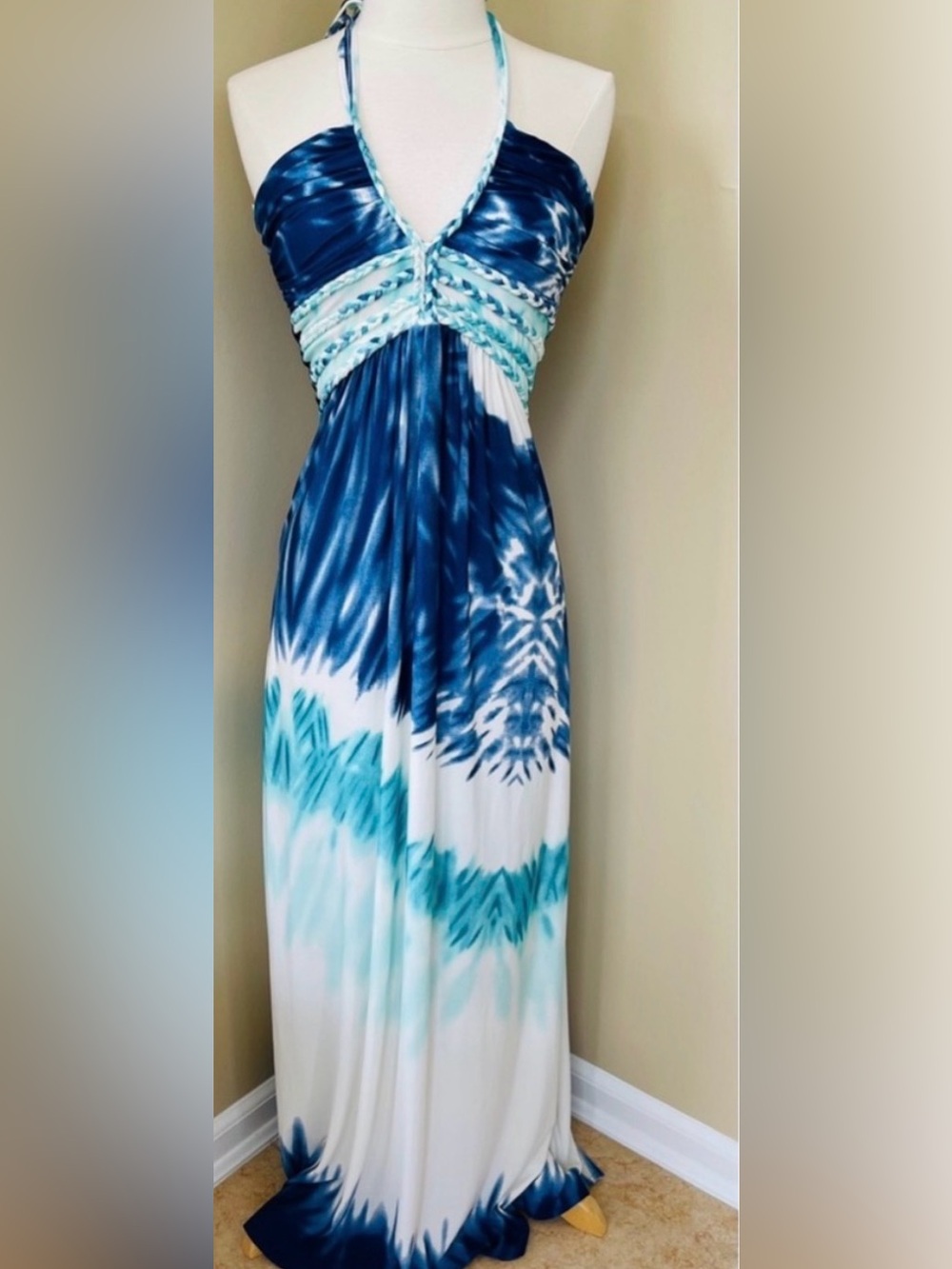 Cynthia Rowley Blue & White Tie-Dye Halter Maxi Dress